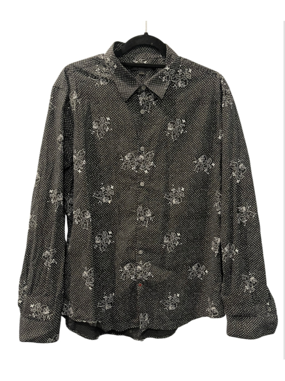 John Varvatos Star USA Men's Black Skull & Rose Print Long Sleeve Shirt Large